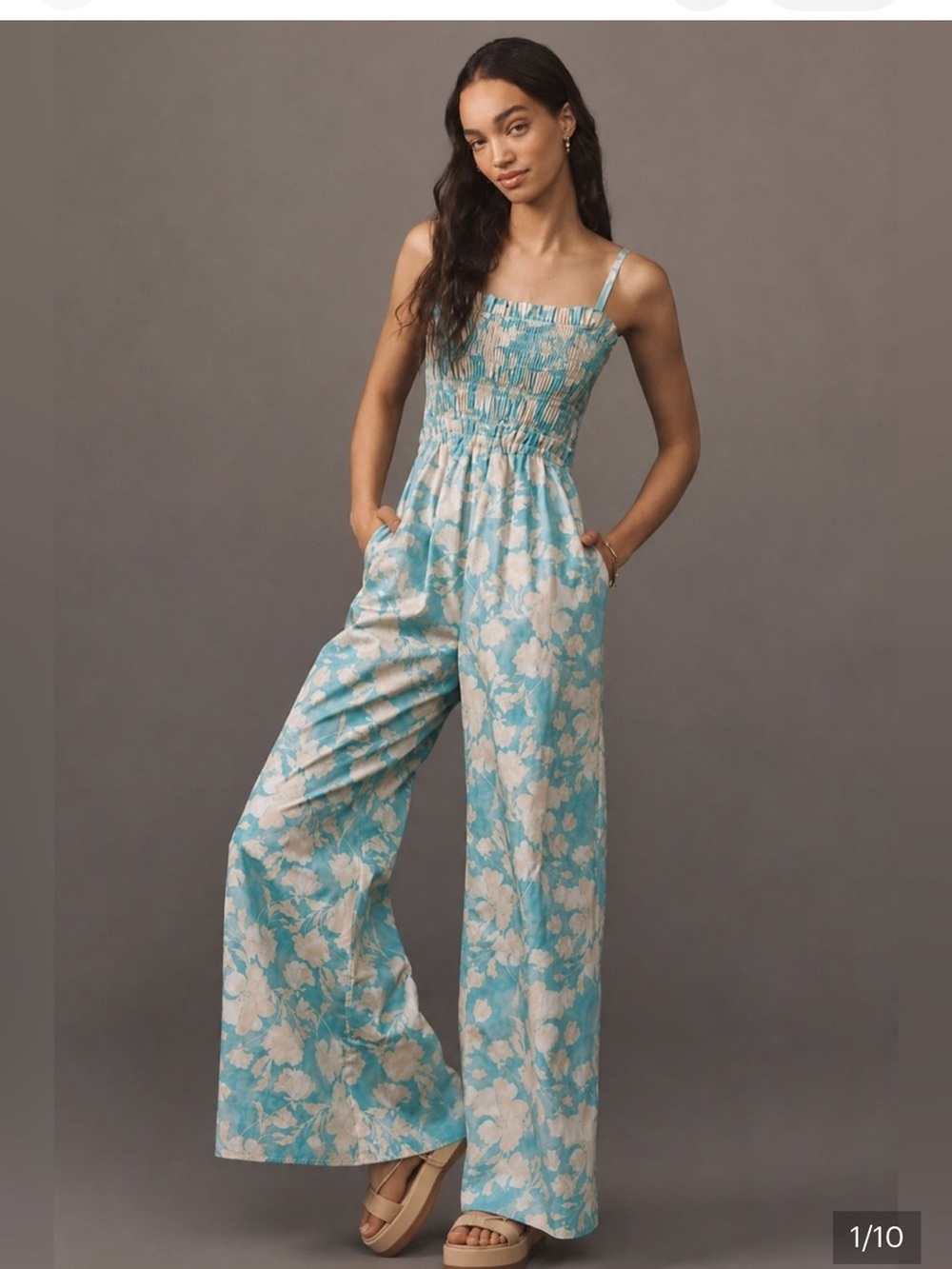 Anthropologie Hutch Smocked Blue Floral Wide Leg Jumpsuit Medium Cotton Pockets - Picture 2 of 7